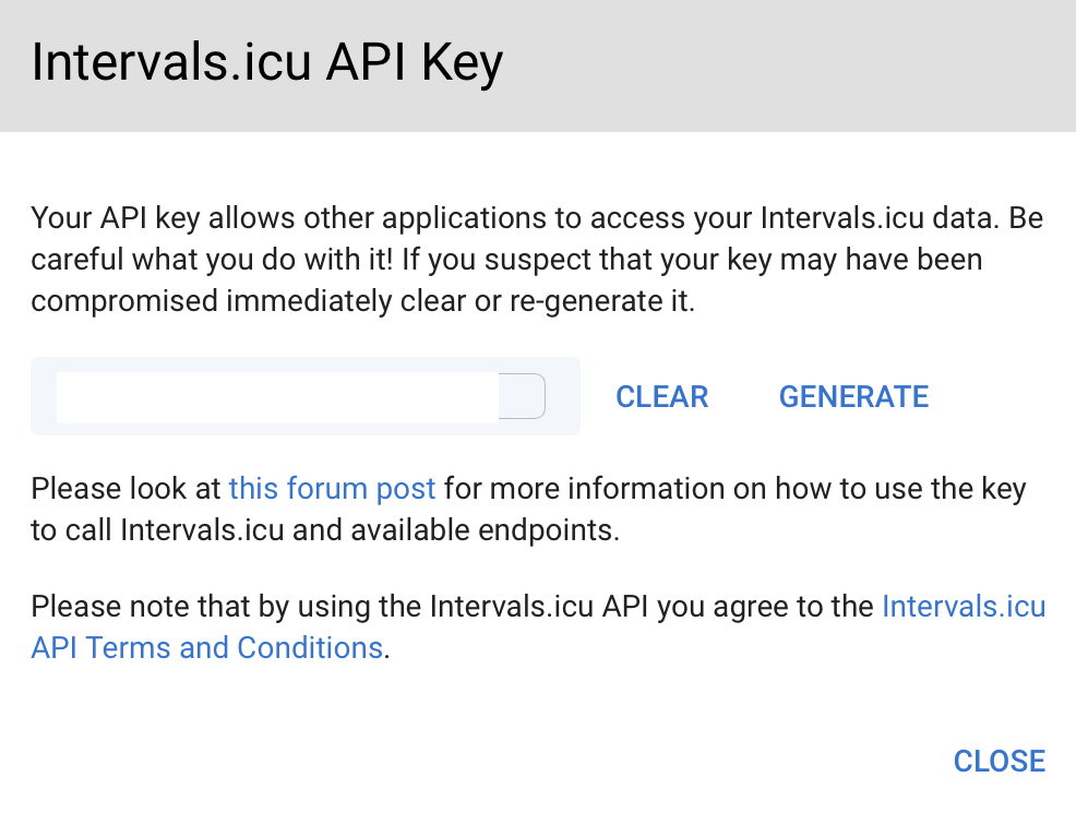 Intervals.icu API Key dialog showing GENERATE button
