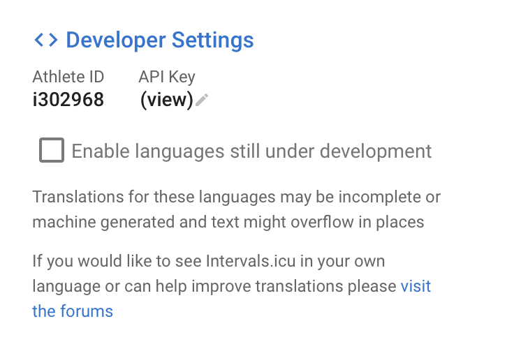 Intervals.icu Developer Settings section showing Athlete ID and API Key with a (view) link