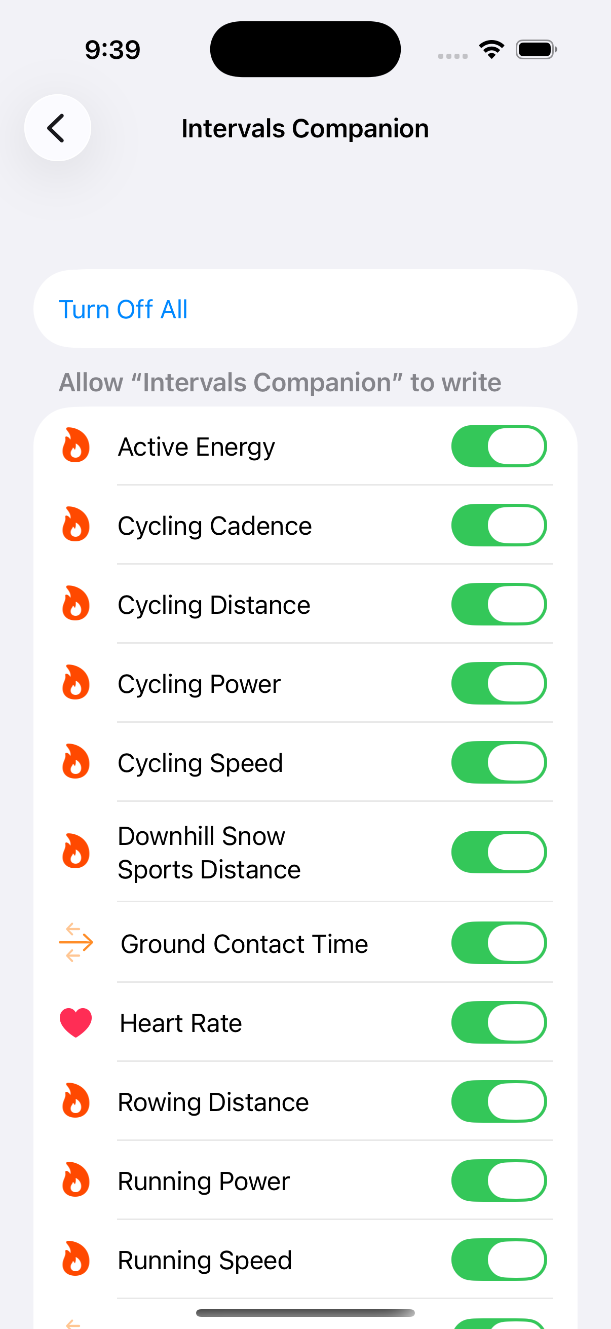 iOS Health permissions screen for Intervals Companion showing Turn On All option