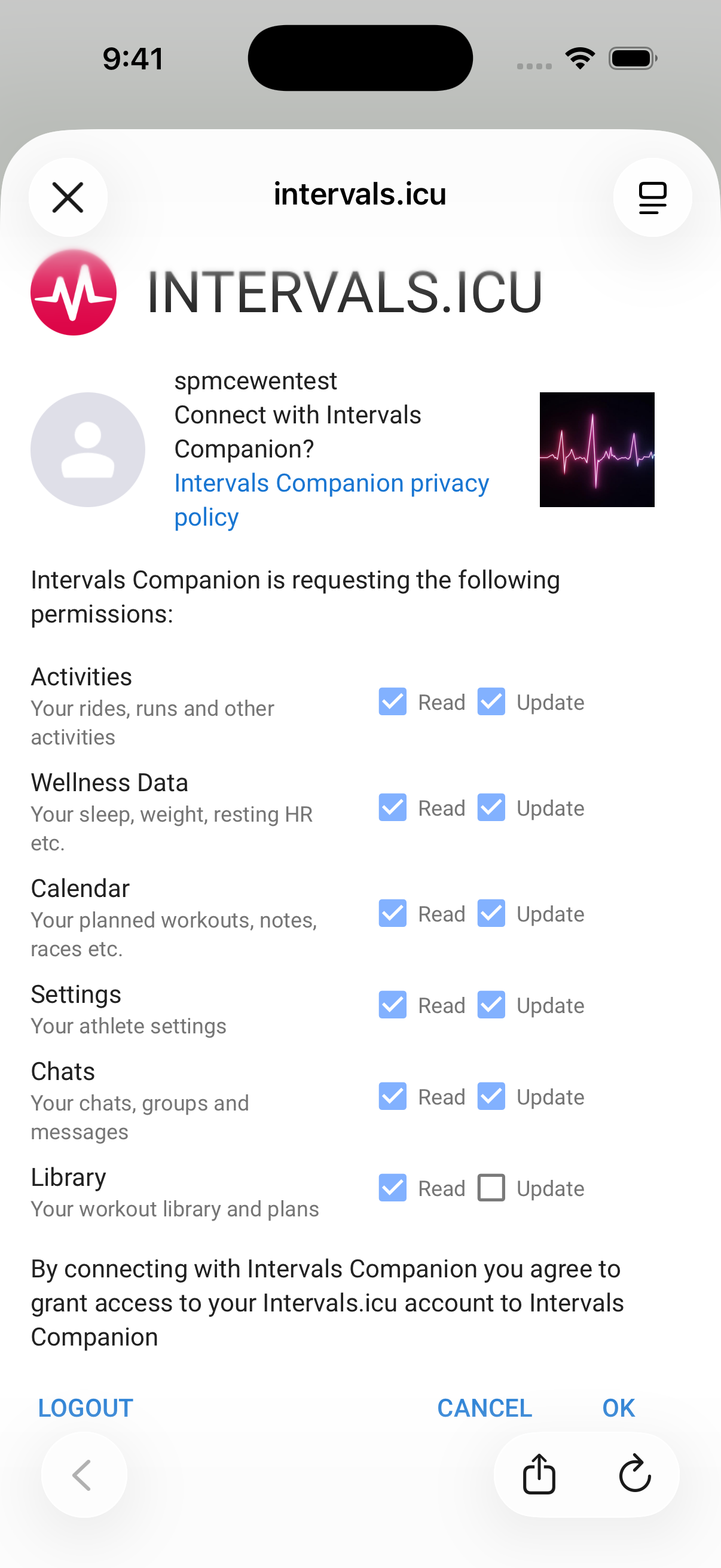 Intervals.icu OAuth permissions screen showing Activities and Wellness Data with Read and Update checked